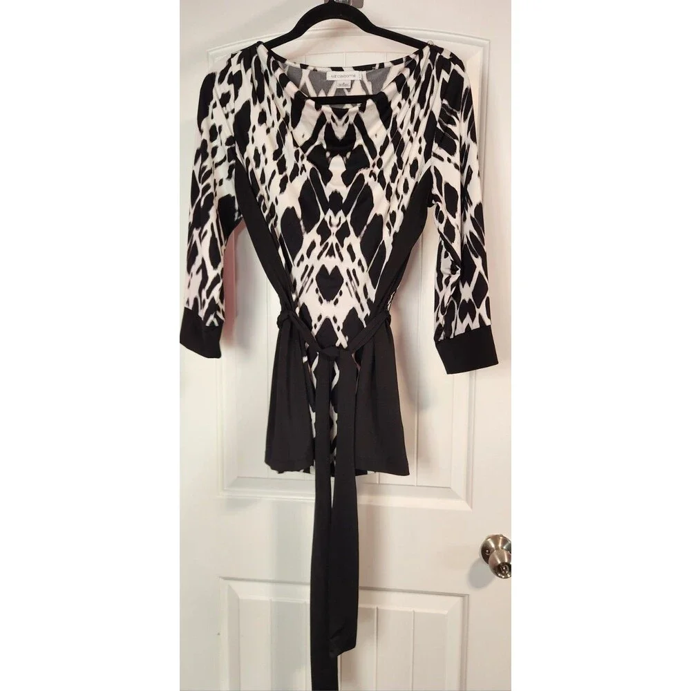 Liz Claiborne Women's Size M Black White Long Sleeve Belted Tunic Blouse Top